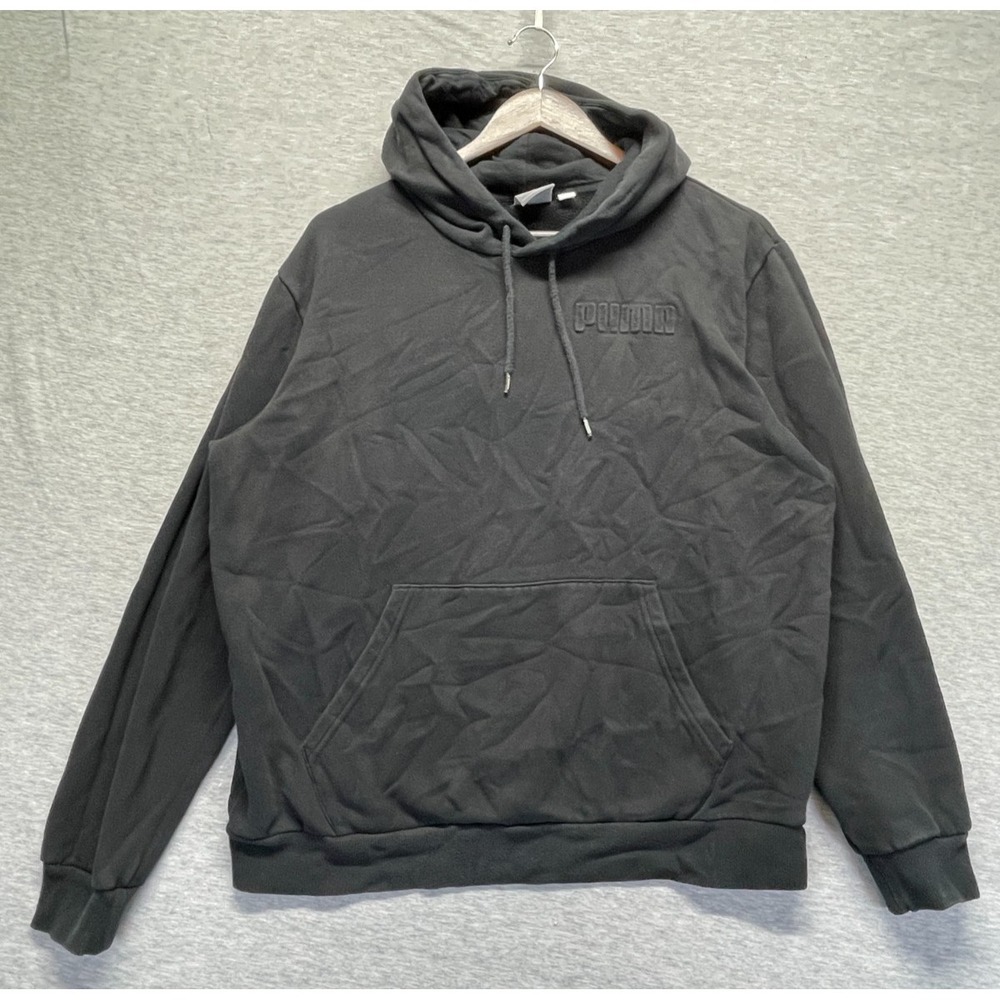 PUMA Hoodie Men Large Black Embossed Logo Cotton Fleece Lined Ribbed Trim Winter